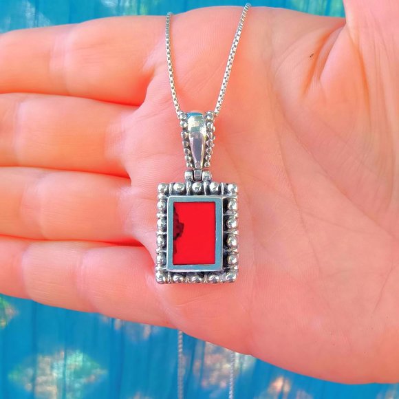 Vintage Sterling Silver Red Jasper Pebbled Pendant Necklace - Picture 4 of 13